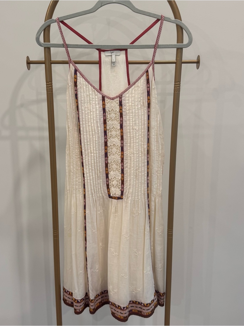 Joie Cream Mini Sundress with Pink Trim and Embroidered Panels